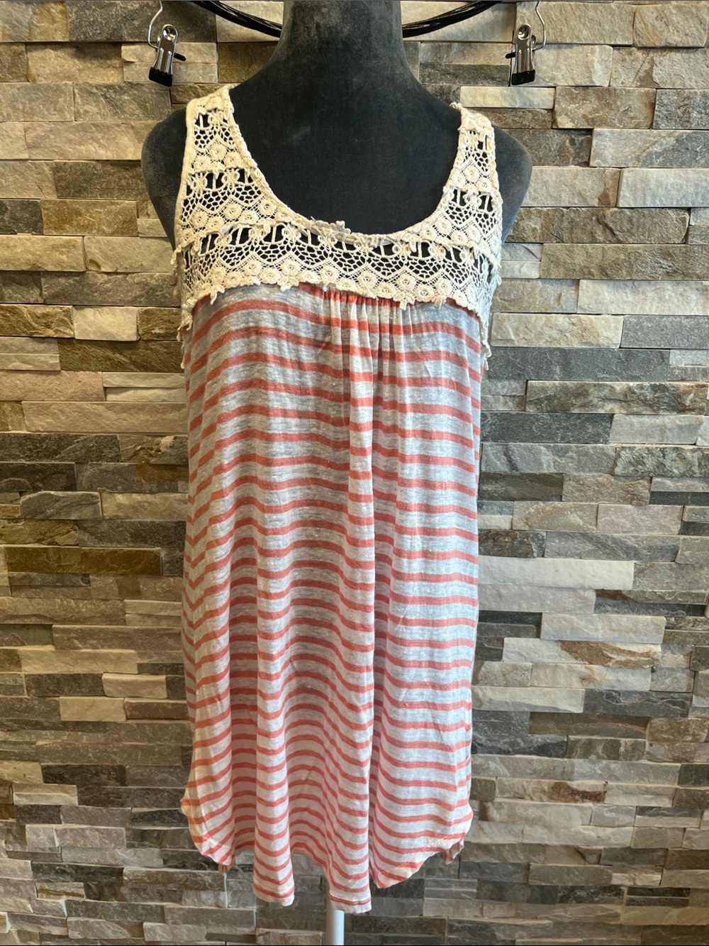 Hem & Thread Pink and White Striped Crochet Yoke Tank Top